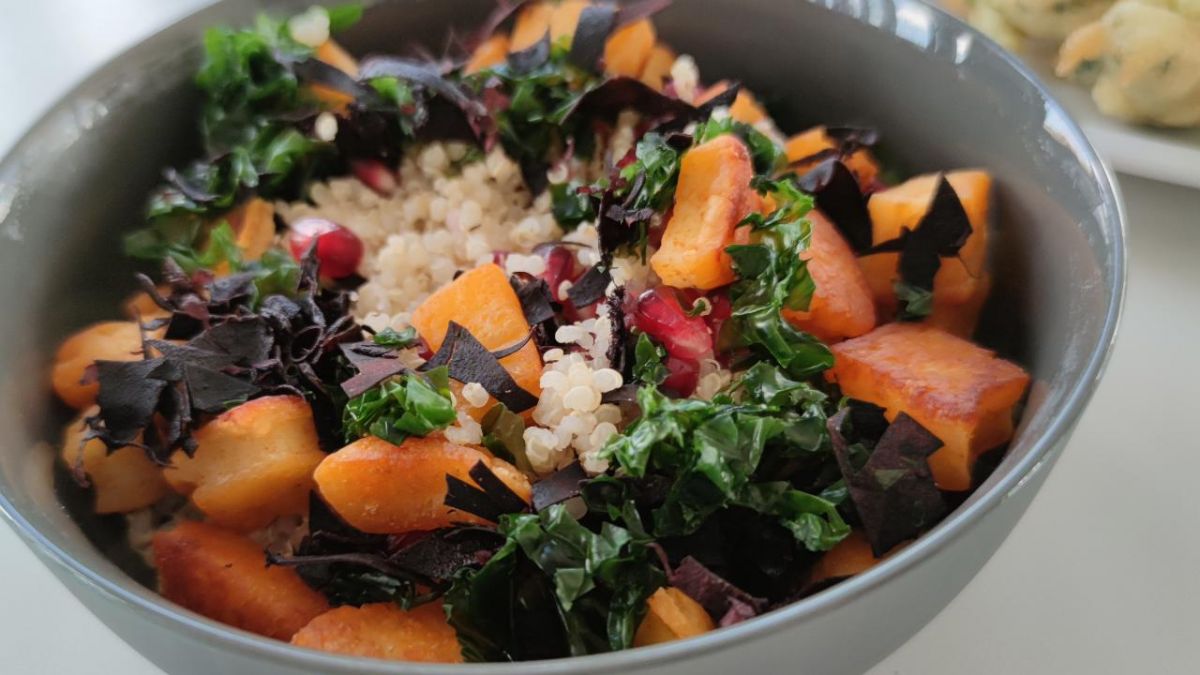 Alternative Nahrungsmittel: Salat mit Quinoa (Halopyhte) und Ulva (Meersalat, Makroalge); Foto: J. Vogt, IGZ