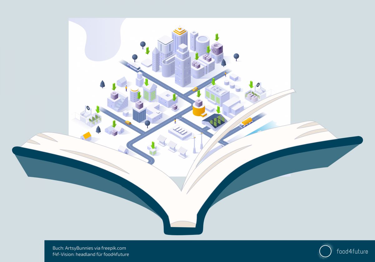 Illustration der food4future-Vision von urbanen Bioräumen für die Produktion neuer Nahrungsmittel in der Stadt, die aus einem Buch herausragt.